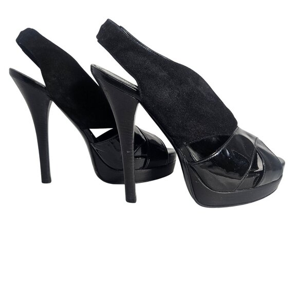Fendi Women Peep Toe Slingback Heels Black 38.5 Patent Suede Power Glam Flawed - Picture 13 of 15
